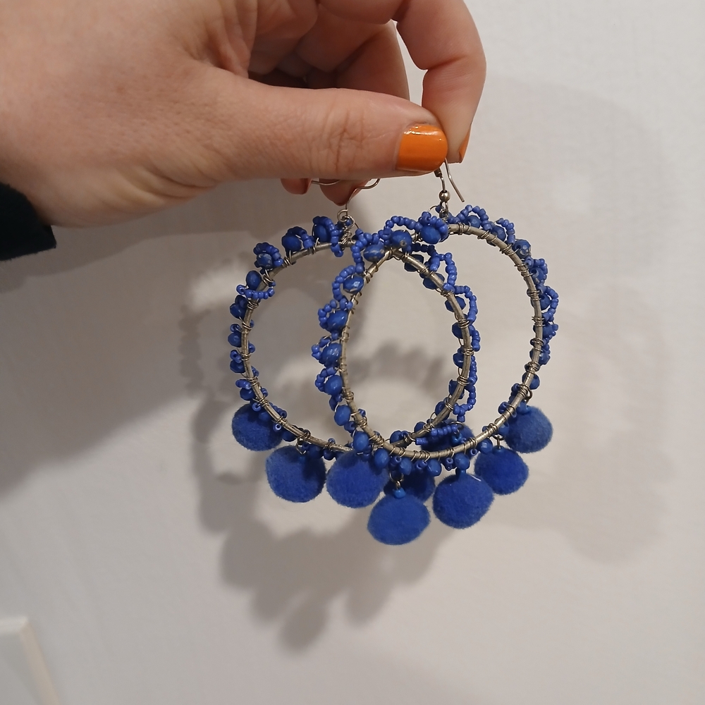 Blue Pom-Pom Hoop Earrings - Fashion Jewelry